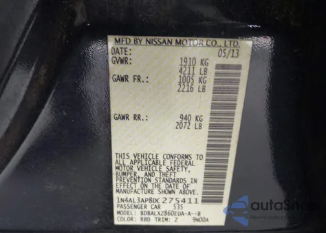 2013 Nissan Altima 2.5 Sl из США, поврежденный, VIN 1N4AL3AP8DC275411